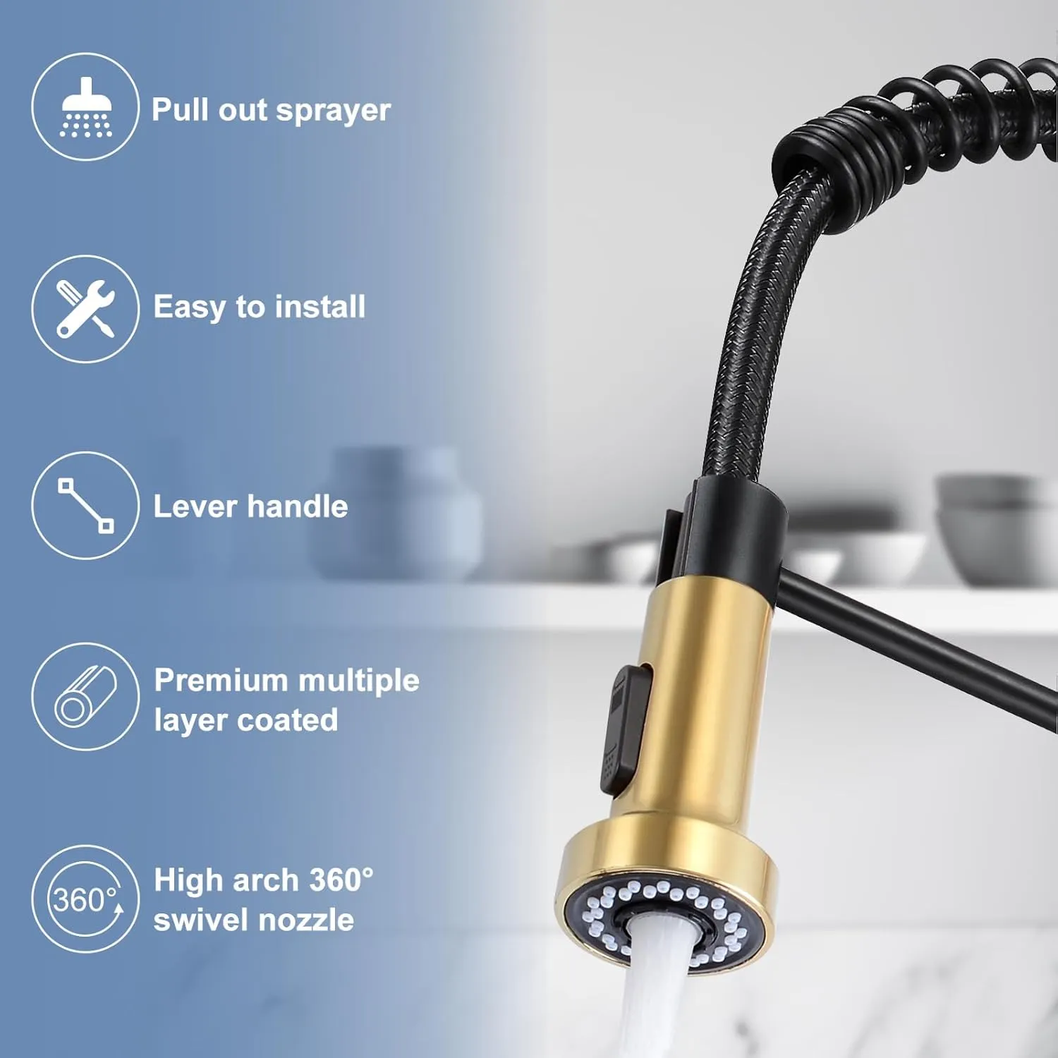 DJS Kitchen Faucets with Pull Down Sprayer Matte Black & Brushed Gold -【High Arc】 Single Handle 1 or 3 Holes Spring Kitchen Sink Faucet with Deck Plate for Farmhouse RV Vessel Basin