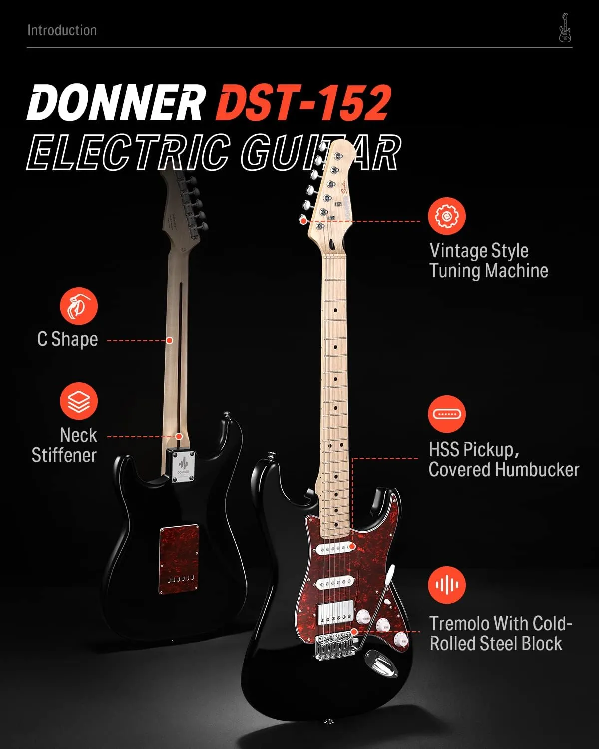 Donner, DST-152B 39" Electric Guitar Kit HSS Pickup Coil Split with Amp, Bag, Accessories, Black Solid Body Guitarra Electrica