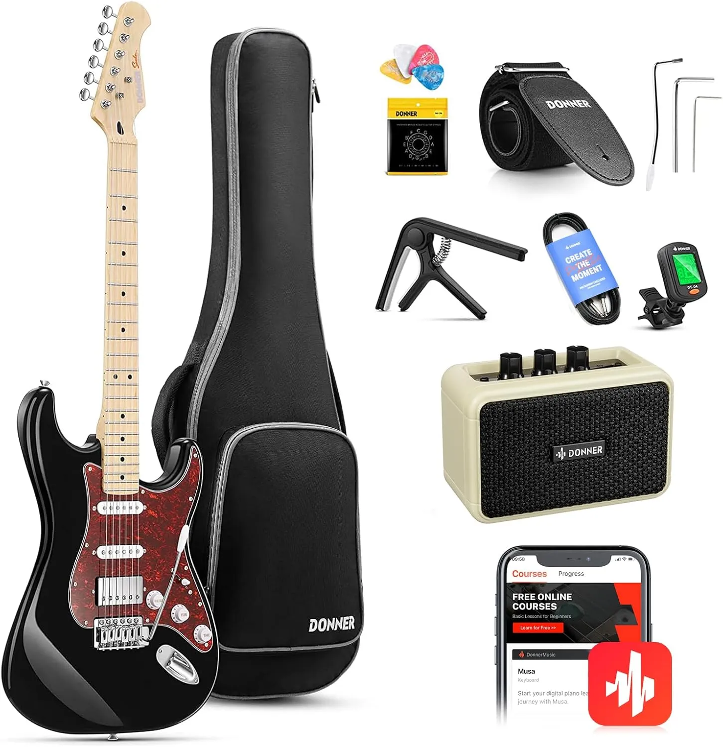 Donner, DST-152B 39" Electric Guitar Kit HSS Pickup Coil Split with Amp, Bag, Accessories, Black Solid Body Guitarra Electrica