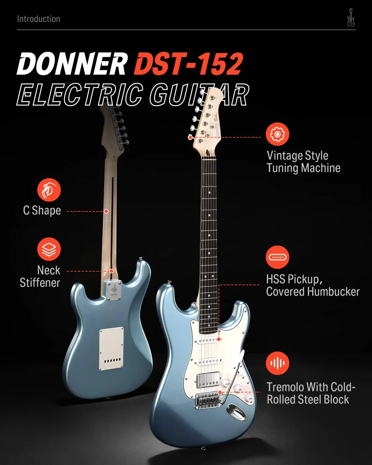 Donner DST-152R Electric Guitar, 39" Beginner Electric Guitar Kit, HSS Pickup with Coil Split, Guitar Starter Set with Amp, Bag, All Accessories, Metallic Ice Blue