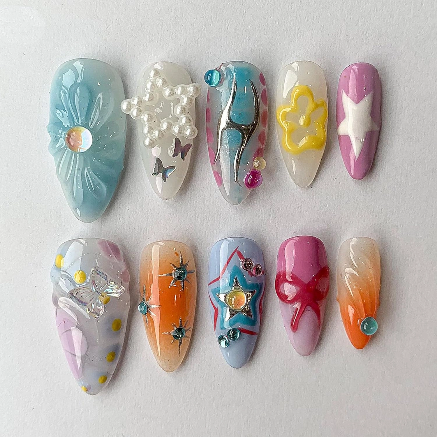 Dreamy Colorful Press On Nails Almond,Pink and Blue, Active 3D Freestyle Trendy Nails,Acrylic Y2K Gel Nails,Cute Nails