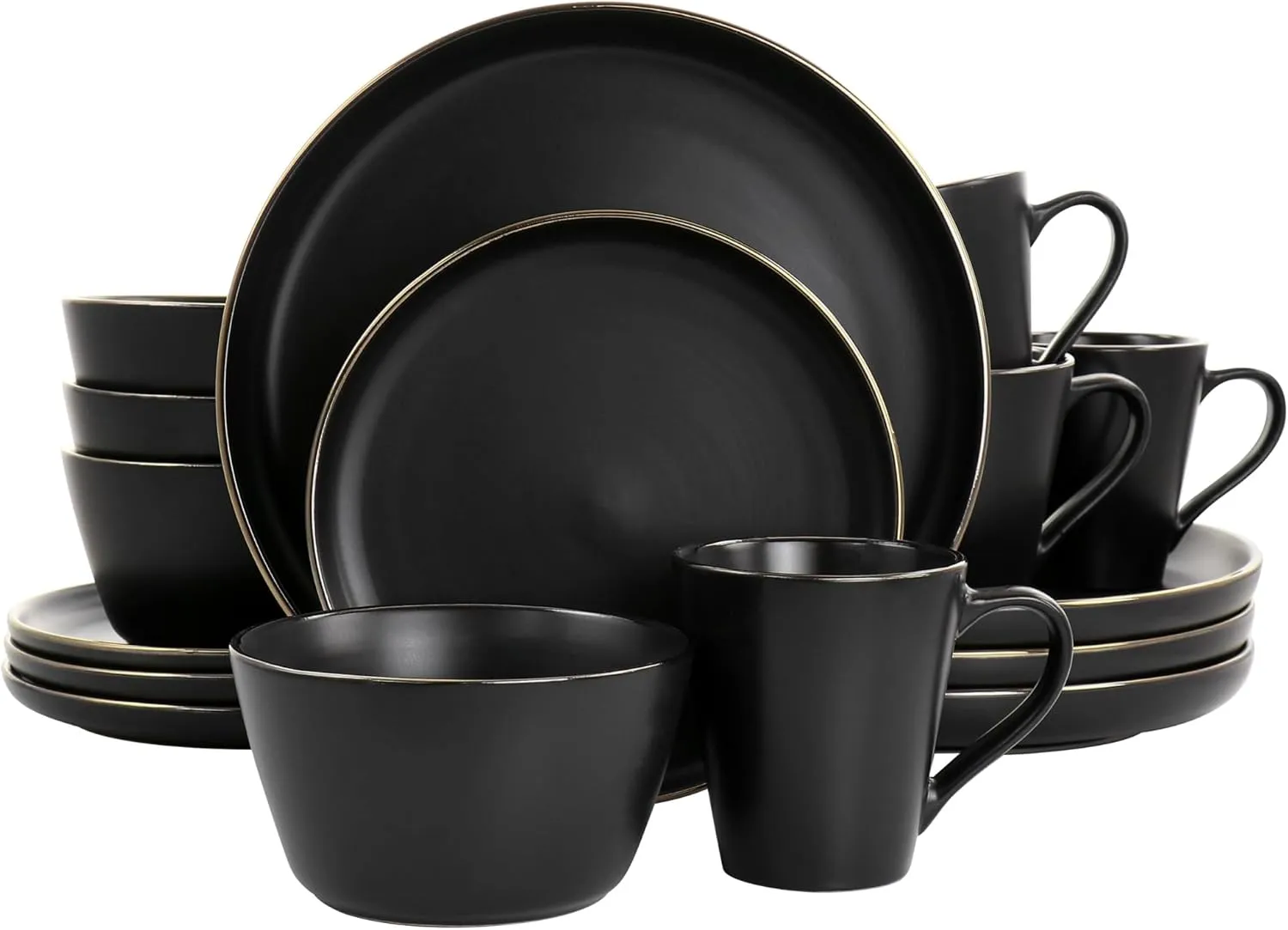 Elama Paul 16 Piece Stoneware Dinnerware Set in Matt Black with Gold Rim, Matte Black, 16 Piece Set (Arthur Paul Louis Set)