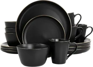 Elama Paul 16 Piece Stoneware Dinnerware Set in Matt Black with Gold Rim, Matte Black, 16 Piece Set (Arthur Paul Louis Set)