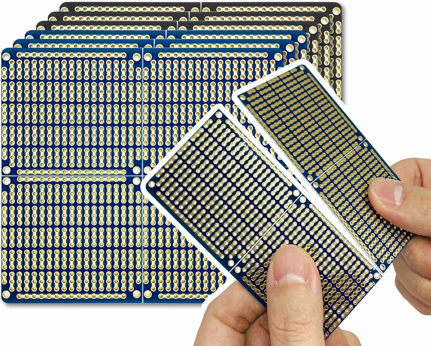 ElectroCookie PCB Prototype Board, Snappable Strip Board with Power Rails for Electronics Projects Compatible for DIY Arduino Soldering Projects, Gold-Plated, 3.8"x3.5" (6 Pack, 3Blue 3Black)