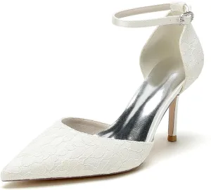 Elegant Bridal Wedding Heels Lace & Satin Stiletto Pumps with Ankle Strap Pointed-Toe Wedding Shoes for Bride