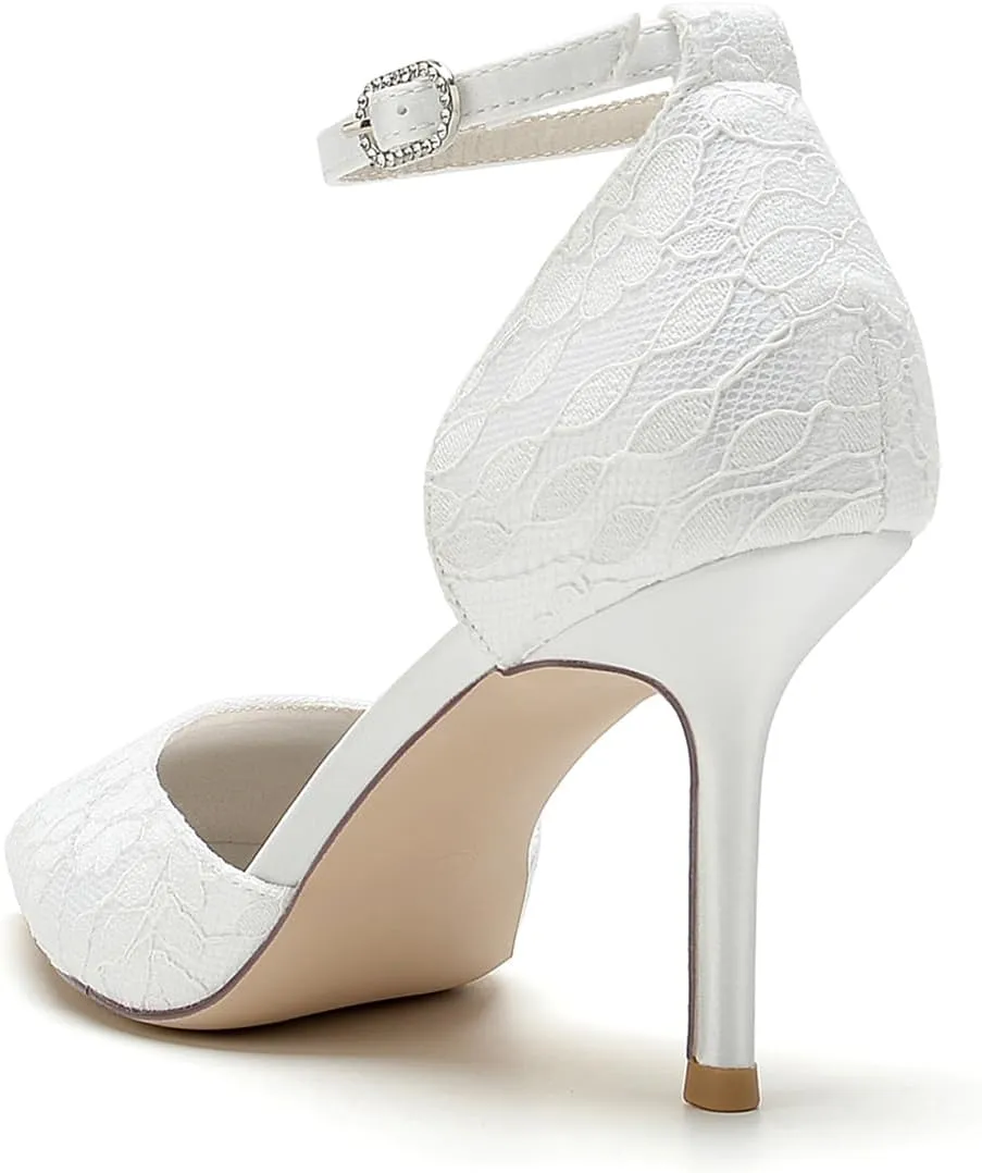 Elegant Bridal Wedding Heels Lace & Satin Stiletto Pumps with Ankle Strap Pointed-Toe Wedding Shoes for Bride