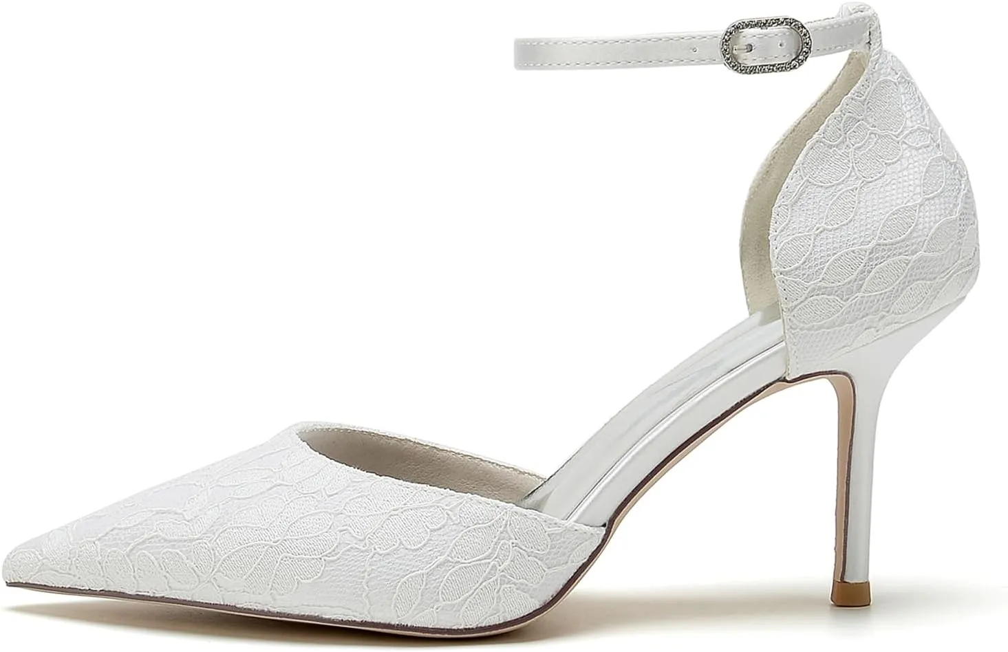 Elegant Bridal Wedding Heels Lace & Satin Stiletto Pumps with Ankle Strap Pointed-Toe Wedding Shoes for Bride