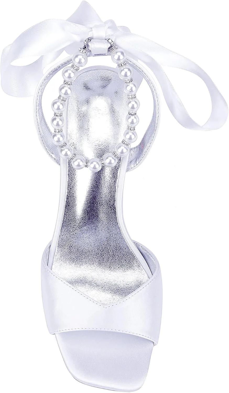 Elegant Satin Heels Adjustable Pearl Strap Non Slip Sole Flattering 8cm Block Heel for Weddings Partie