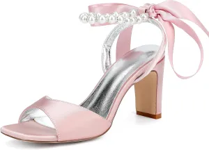 Elegant Satin Heels Adjustable Pearl Strap Non Slip Sole Flattering 8cm Block Heel for Weddings Partie