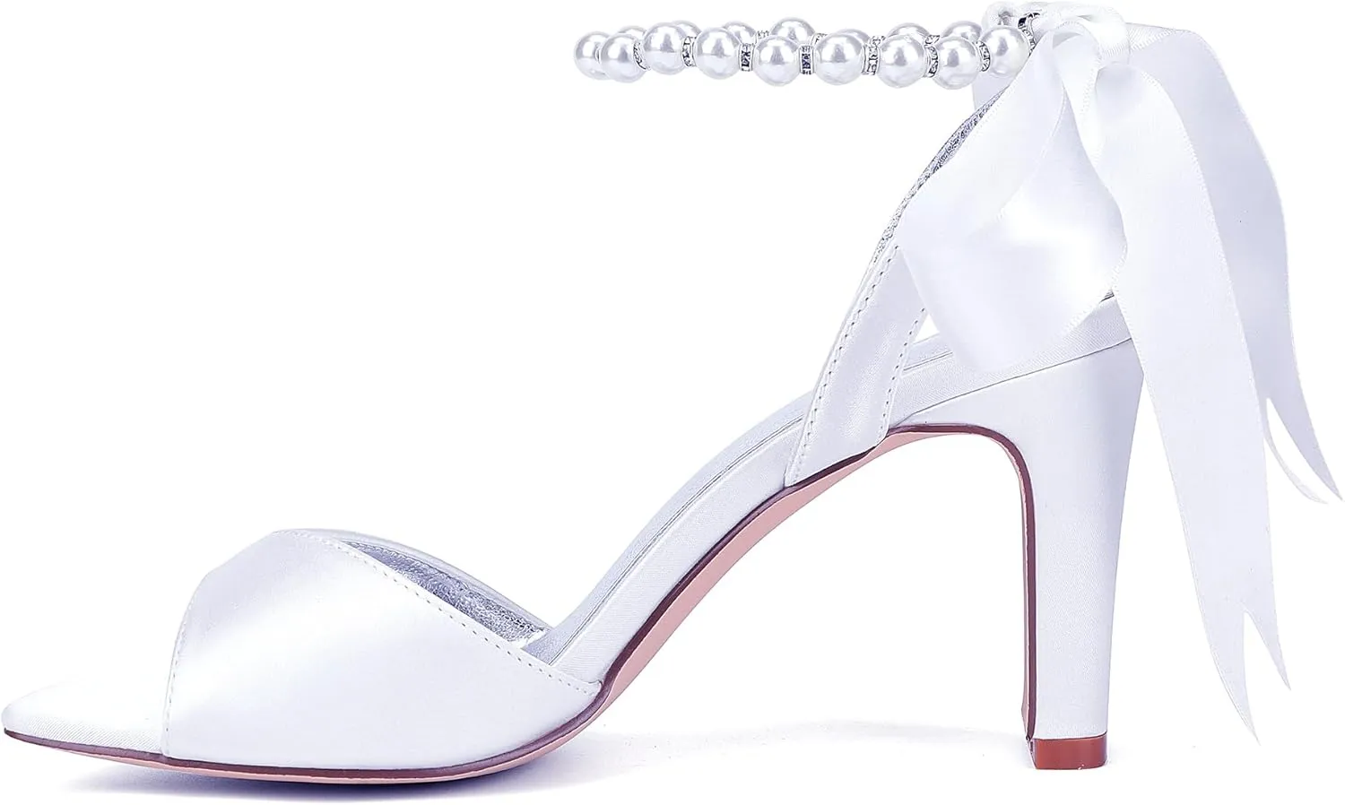 Elegant Satin Heels Adjustable Pearl Strap Non Slip Sole Flattering 8cm Block Heel for Weddings Partie