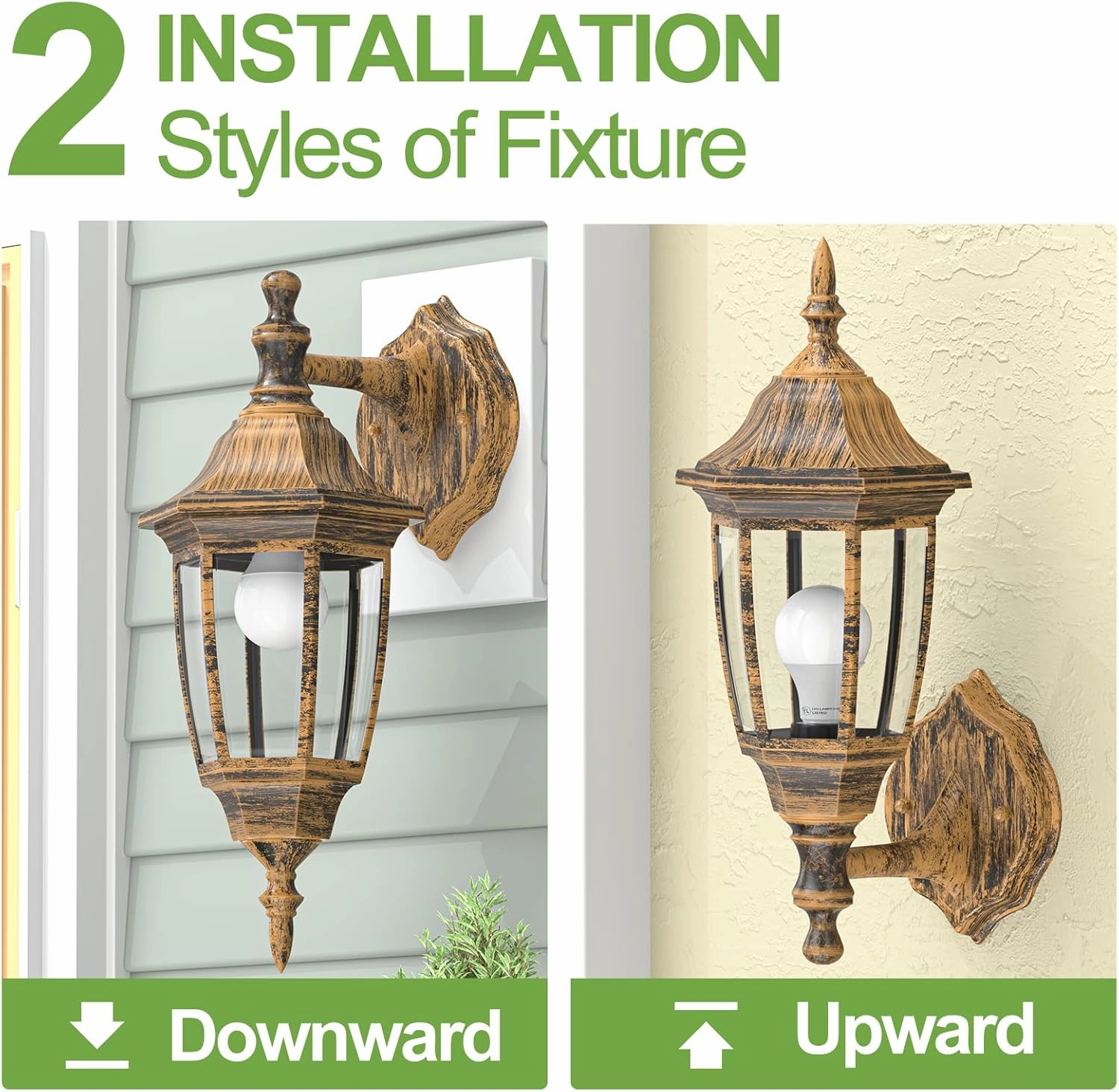 EMART Outdoor Porch Light, Brushed Gold, Anti-Corrosion Plastic Material, Wall Mount Lantern for Backyard, Garage, Front Porch - 2 Pack