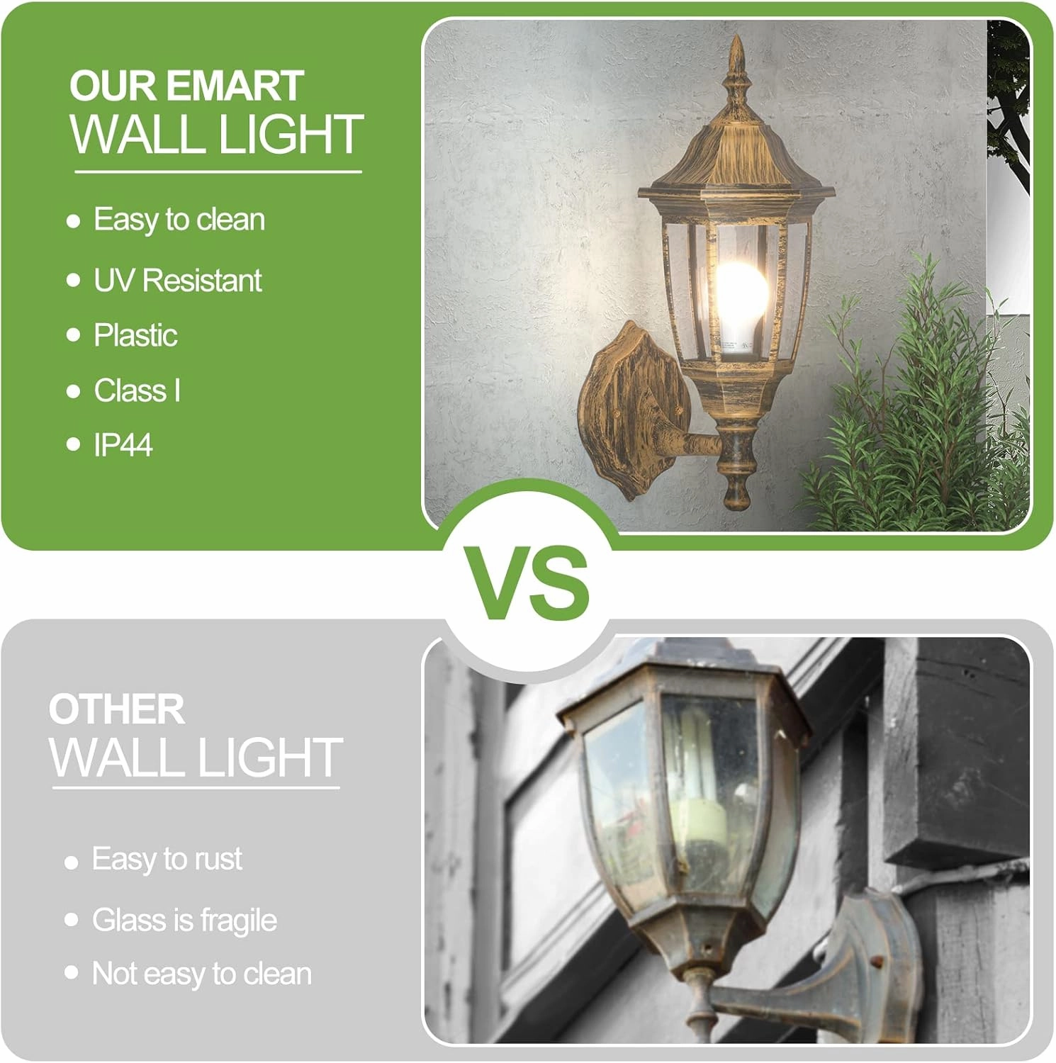 EMART Outdoor Porch Light, Brushed Gold, Anti-Corrosion Plastic Material, Wall Mount Lantern for Backyard, Garage, Front Porch - 2 Pack