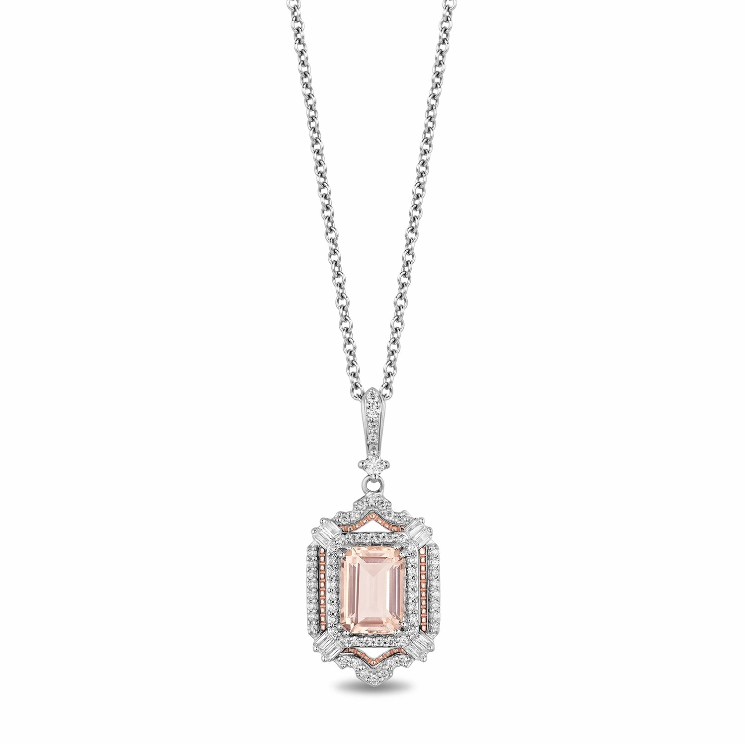 Enchanted Disney Fine Jewelry Sterling Silver and 10K Rose Gold with 1/4 CTTW Diamond And Morganite Aurora Pendant Necklace