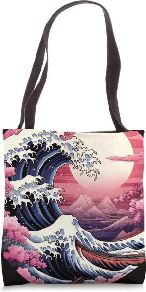 Ephemeral Beauty Unveiled Japanese Flowers and Japanese Wave Tote Bag
