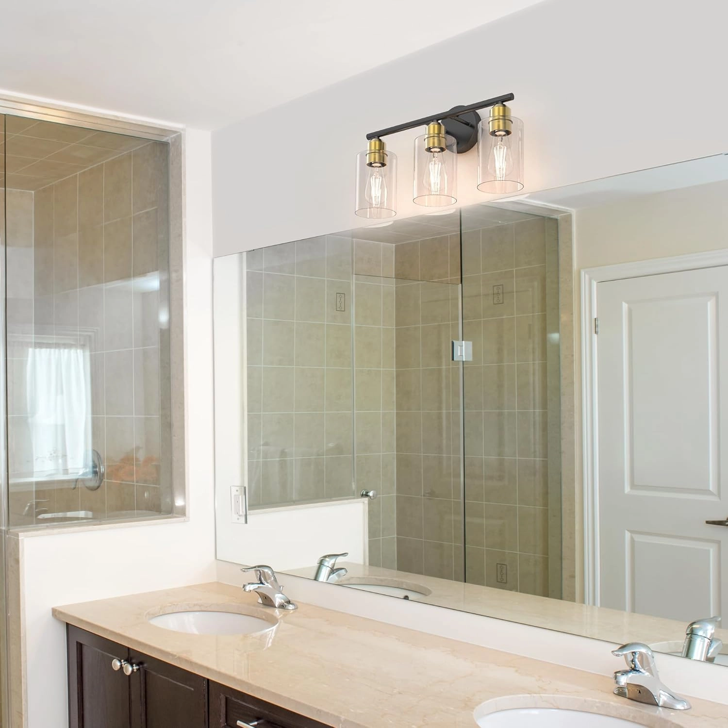 Espird Bathroom Vanity Light Fixtures Black and Gold Bathroom Lighting Fixture, 3 Lights Bathroom Light Fixture Over Mirror, Modern Black & Burushed Gold Vanity Light, Wall Sconces with Glass Shades