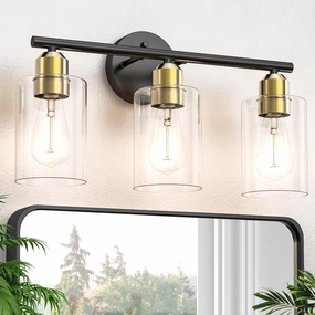 Espird Bathroom Vanity Light Fixtures Black and Gold Bathroom Lighting Fixture, 3 Lights Bathroom Light Fixture Over Mirror, Modern Black & Burushed Gold Vanity Light, Wall Sconces with Glass Shades
