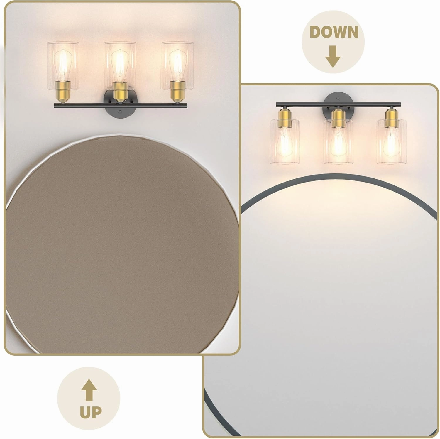 Espird Bathroom Vanity Light Fixtures Black and Gold Bathroom Lighting Fixture, 3 Lights Bathroom Light Fixture Over Mirror, Modern Black & Burushed Gold Vanity Light, Wall Sconces with Glass Shades