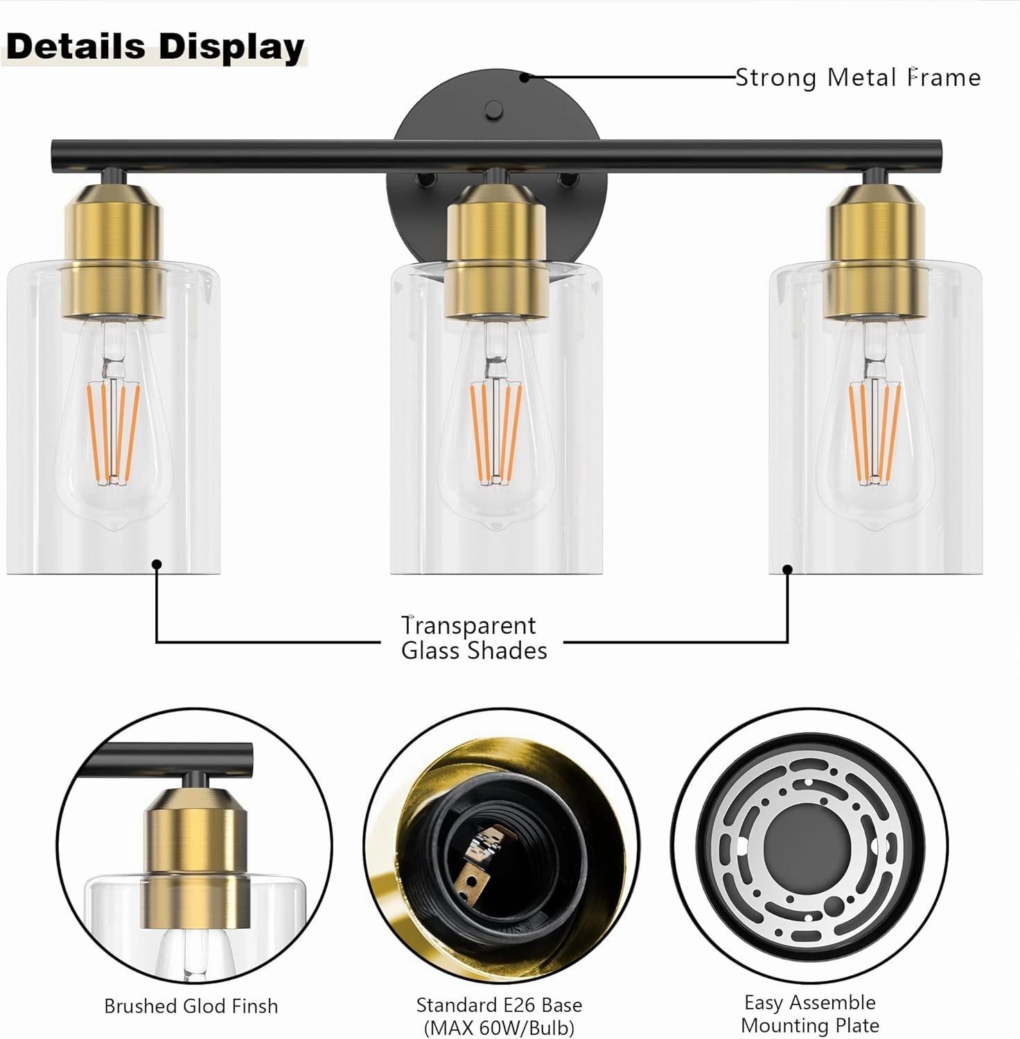Espird Bathroom Vanity Light Fixtures Black and Gold Bathroom Lighting Fixture, 3 Lights Bathroom Light Fixture Over Mirror, Modern Black & Burushed Gold Vanity Light, Wall Sconces with Glass Shades