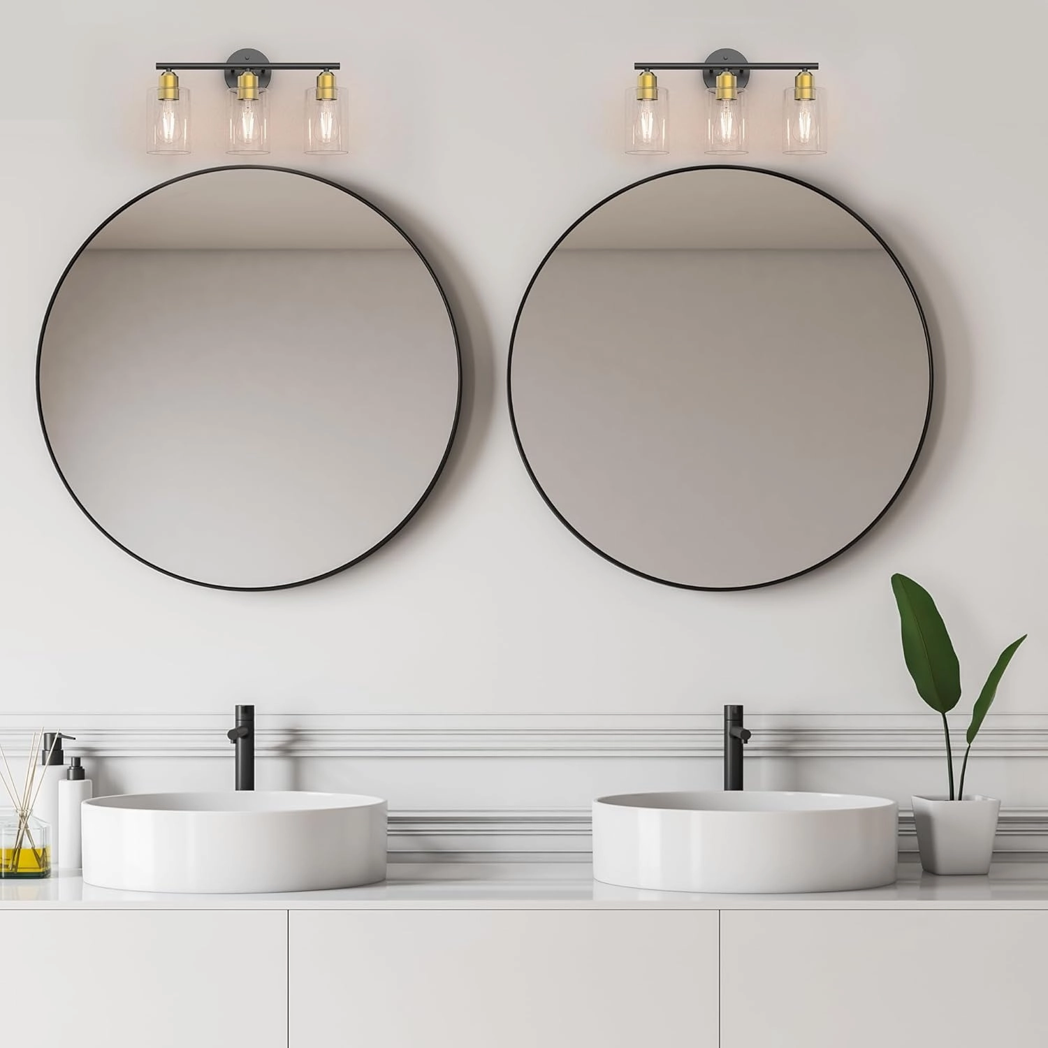 Espird Bathroom Vanity Light Fixtures Black and Gold Bathroom Lighting Fixture, 3 Lights Bathroom Light Fixture Over Mirror, Modern Black & Burushed Gold Vanity Light, Wall Sconces with Glass Shades
