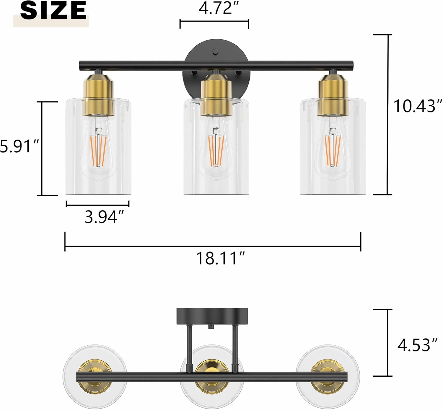 Espird Bathroom Vanity Light Fixtures Black and Gold Bathroom Lighting Fixture, 3 Lights Bathroom Light Fixture Over Mirror, Modern Black & Burushed Gold Vanity Light, Wall Sconces with Glass Shades