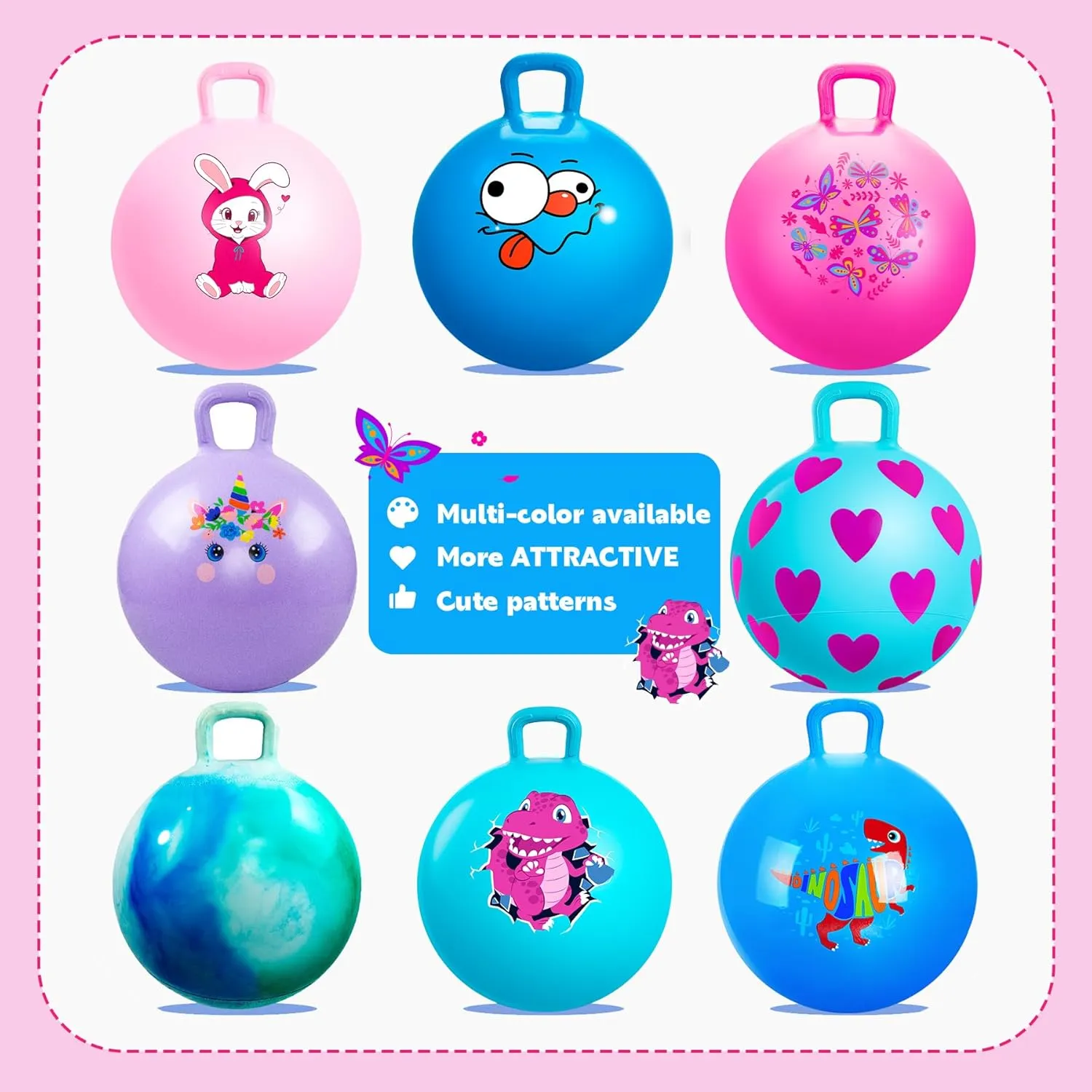 EVERICH TOY Hopper Ball, Pink Butterfly Hopping Toys for Kids, 18 Inch Bouncy Ball with Handle, Indoor Outdoor Inflatable Hoppity Hop Toy for Girls Boys Gift with Pump