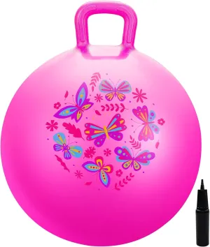 EVERICH TOY Hopper Ball, Pink Butterfly Hopping Toys for Kids, 18 Inch Bouncy Ball with Handle, Indoor Outdoor Inflatable Hoppity Hop Toy for Girls Boys Gift with Pump