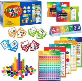 Excello Global Educational Math Kit - 315 Piece Set Includes Educational posters, flash cards, math cubes, flip chart, and sliding fact finders