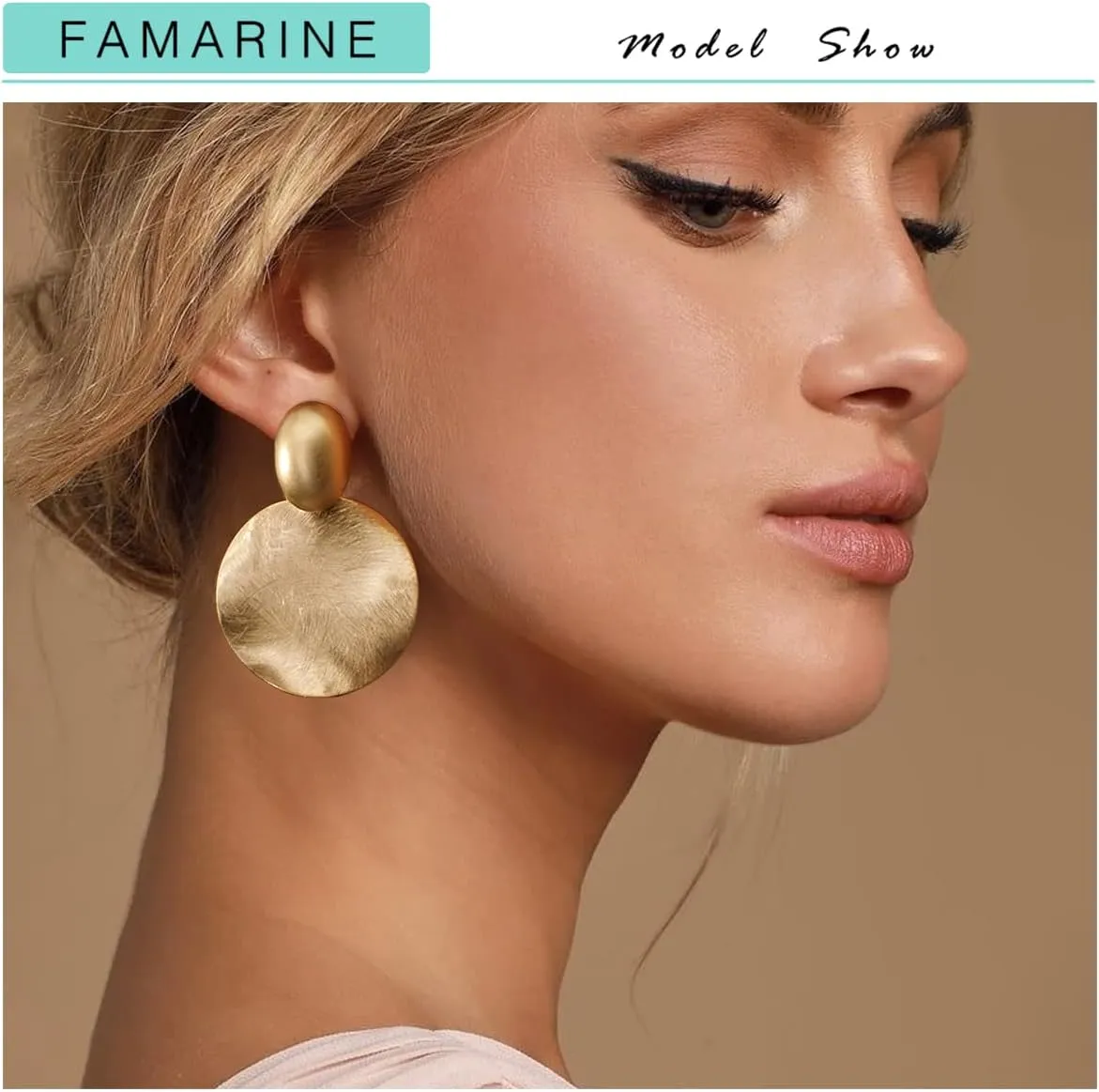 FAMARINE Big Disc Drop Earrings Gold Dangle Earrings Round Hammered Earrings Women