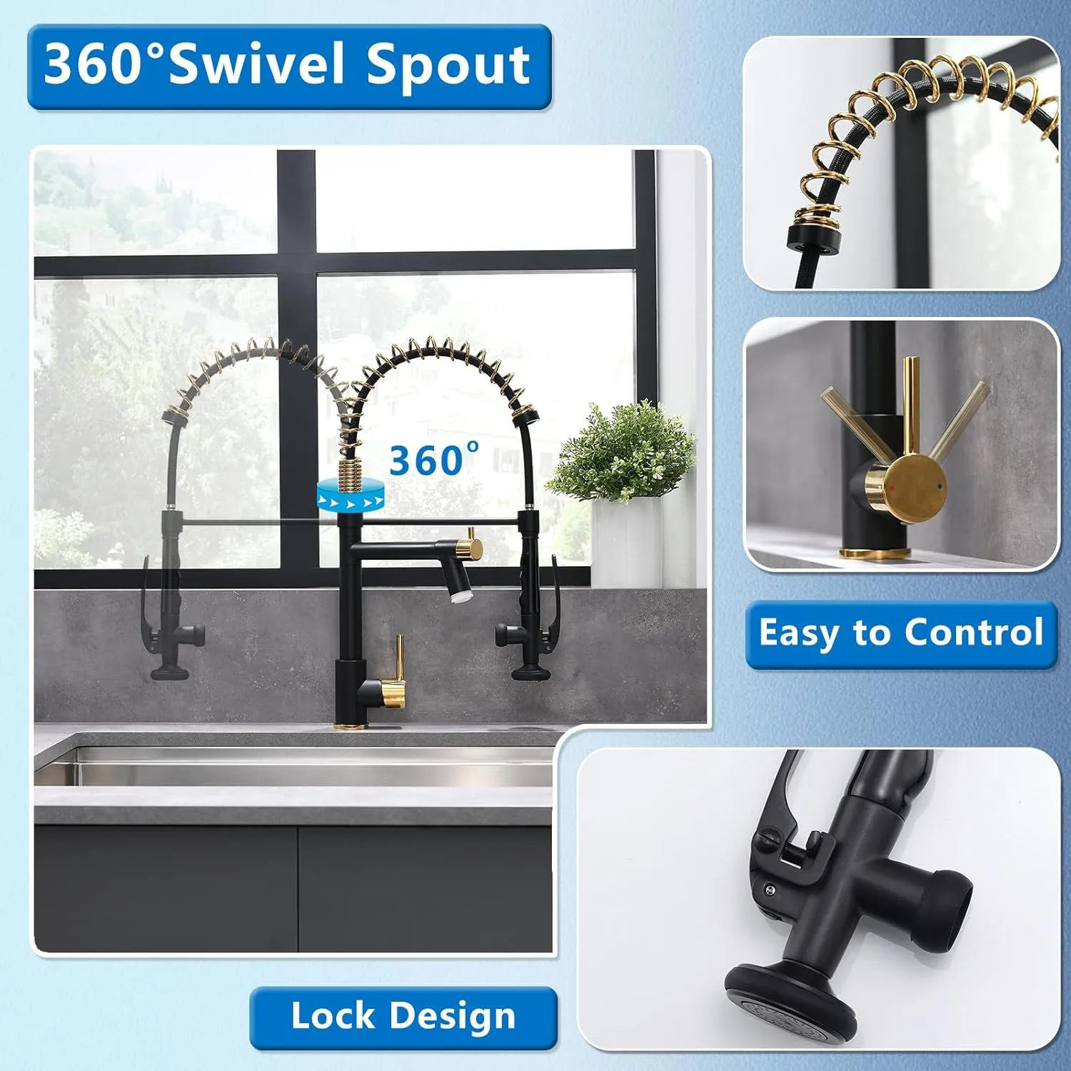 Fapully LED Kitchen Faucet with Pull Down Sprayer,Black&Gold Commercial Kitchen Faucet for Kitchen Sink