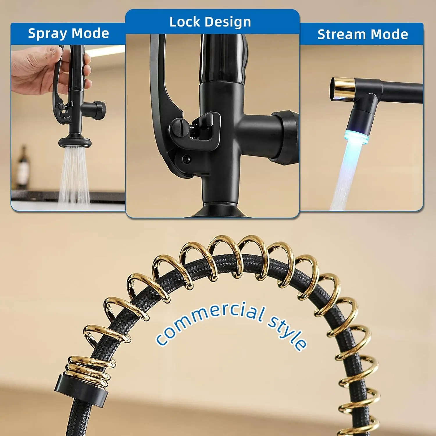 Fapully LED Kitchen Faucet with Pull Down Sprayer,Black&Gold Commercial Kitchen Faucet for Kitchen Sink