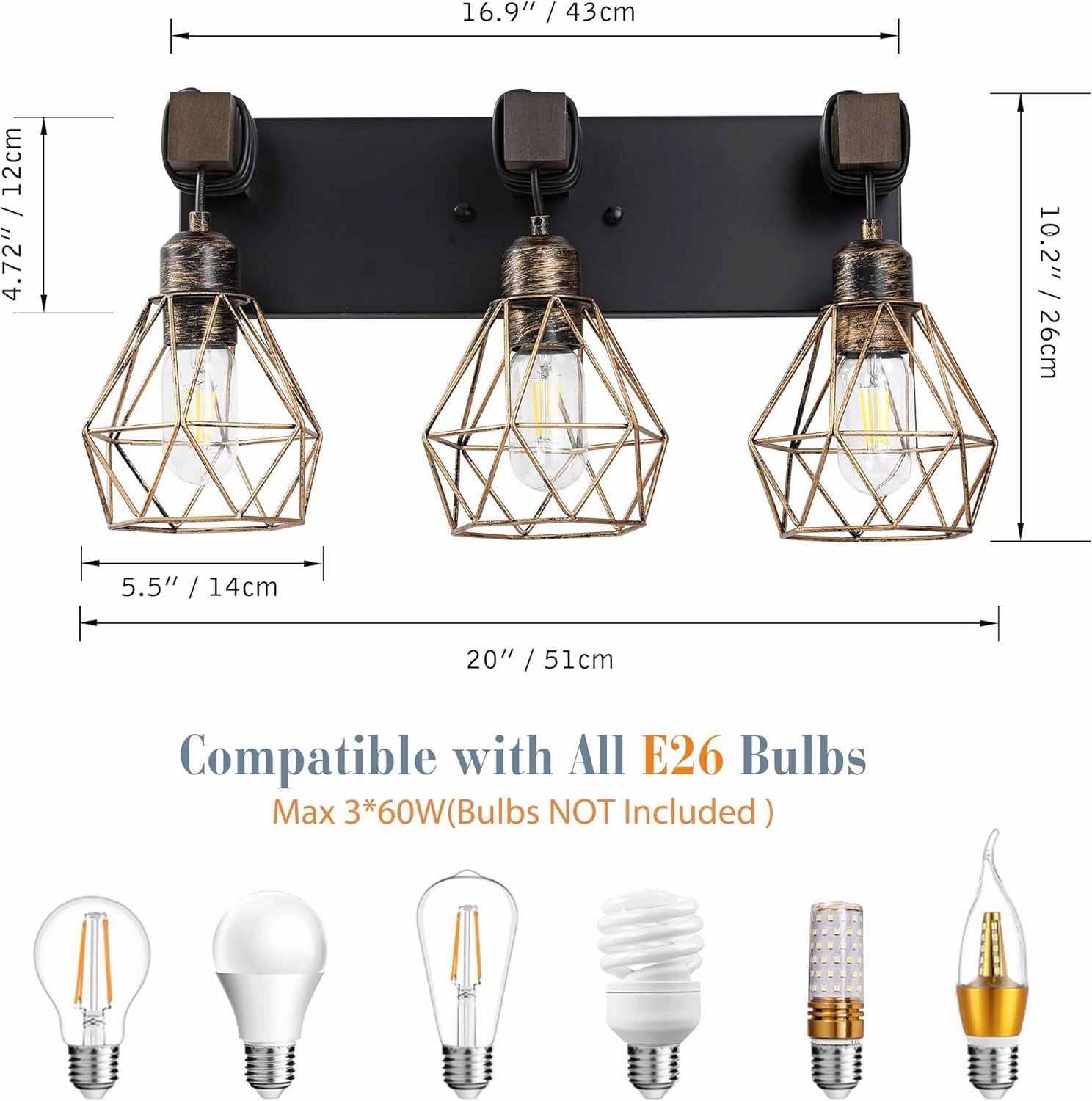 Farmhouse Bathroom Light Fixtures, 3-Light Bathroom Lighting Fixtures Over Mirror, Rustic Wood Black Gold Vanity Lights Wall Sconces with Metal Lampshade for Living Room