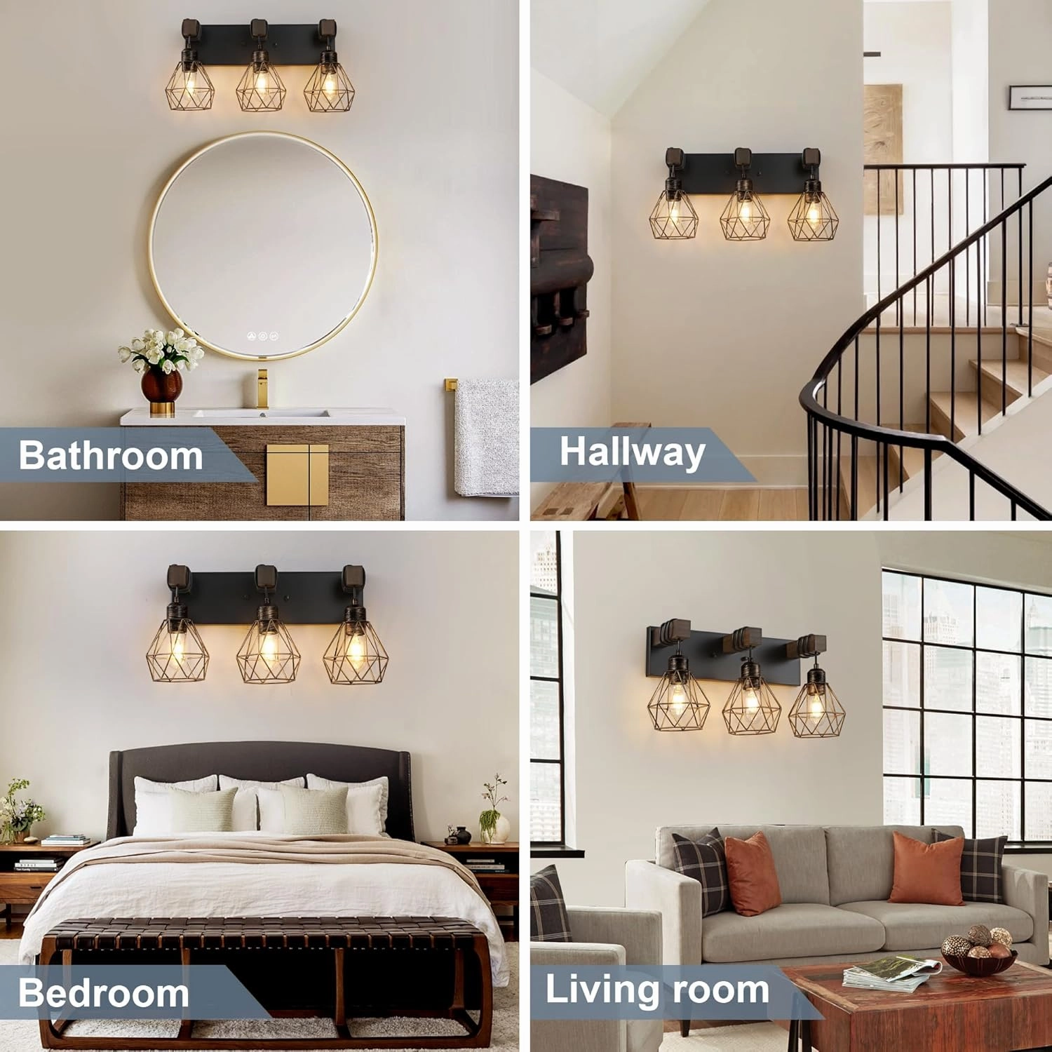 Farmhouse Bathroom Light Fixtures, 3-Light Bathroom Lighting Fixtures Over Mirror, Rustic Wood Black Gold Vanity Lights Wall Sconces with Metal Lampshade for Living Room