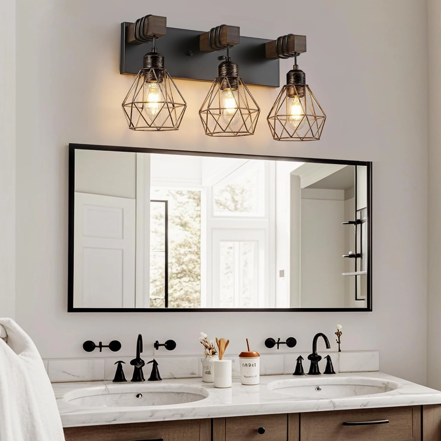 Farmhouse Bathroom Light Fixtures, 3-Light Bathroom Lighting Fixtures Over Mirror, Rustic Wood Black Gold Vanity Lights Wall Sconces with Metal Lampshade for Living Room