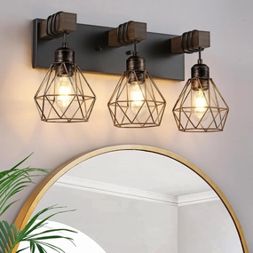 Farmhouse Bathroom Light Fixtures, 3-Light Bathroom Lighting Fixtures Over Mirror, Rustic Wood Black Gold Vanity Lights Wall Sconces with Metal Lampshade for Living Room