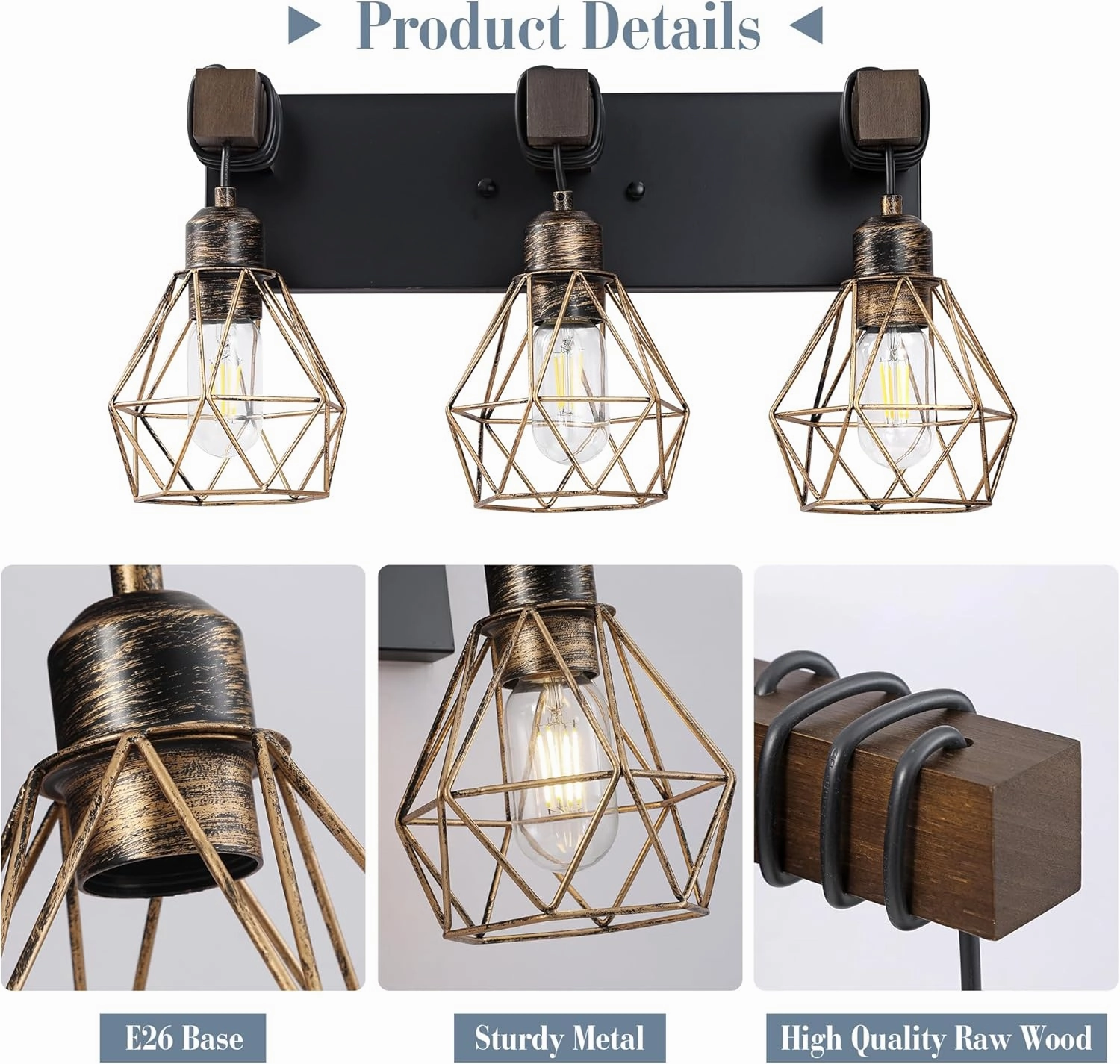 Farmhouse Bathroom Light Fixtures, 3-Light Bathroom Lighting Fixtures Over Mirror, Rustic Wood Black Gold Vanity Lights Wall Sconces with Metal Lampshade for Living Room