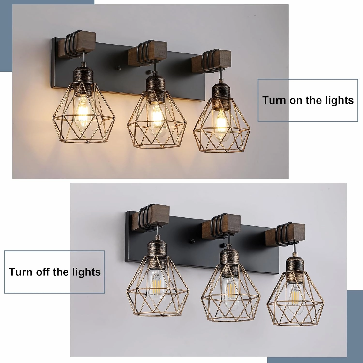 Farmhouse Bathroom Light Fixtures, 3-Light Bathroom Lighting Fixtures Over Mirror, Rustic Wood Black Gold Vanity Lights Wall Sconces with Metal Lampshade for Living Room