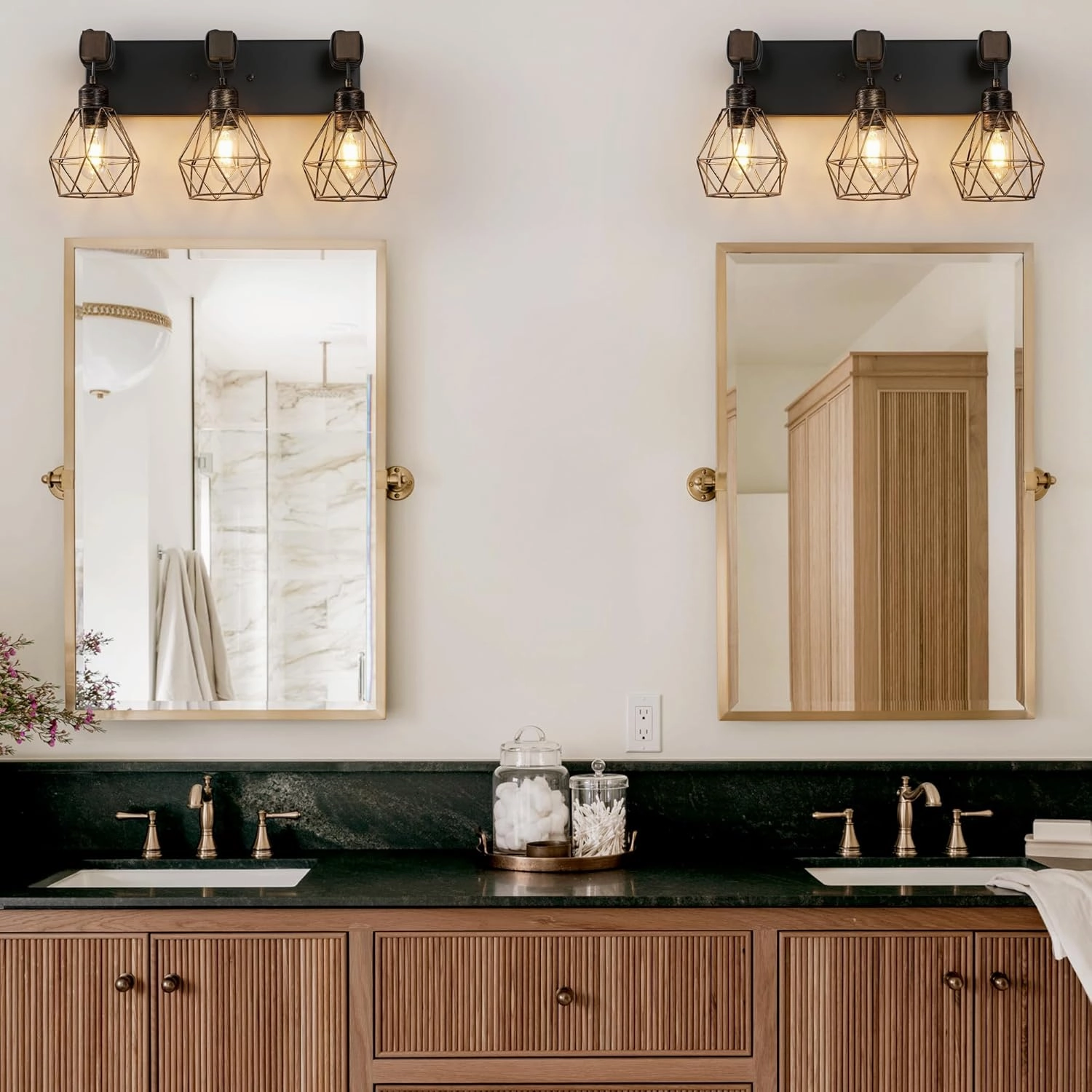 Farmhouse Bathroom Light Fixtures, 3-Light Bathroom Lighting Fixtures Over Mirror, Rustic Wood Black Gold Vanity Lights Wall Sconces with Metal Lampshade for Living Room