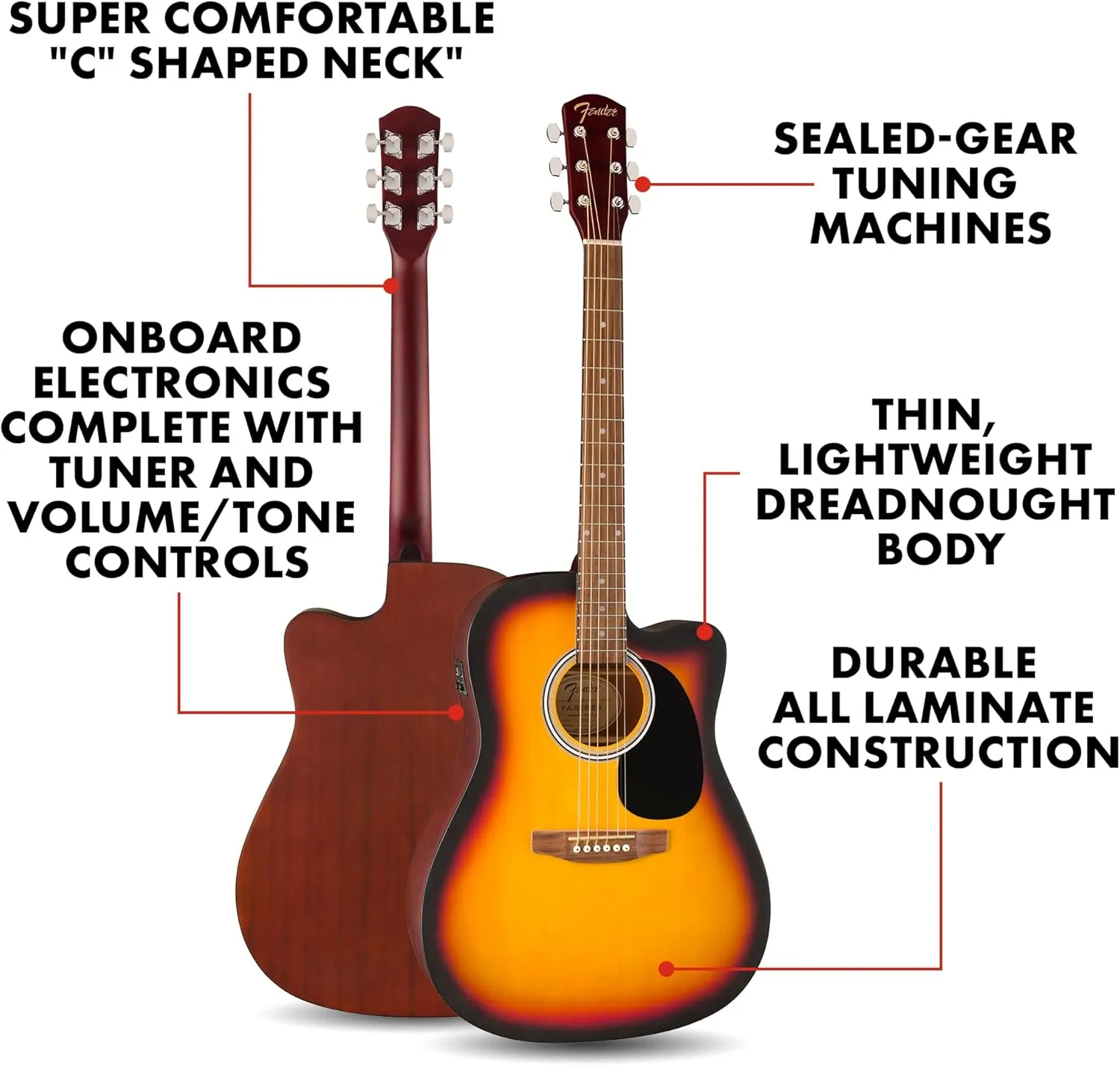 Fender FA-25CE Dreadnought Acoustic Electric Guitar, Beginner Guitar, with 2-Year Warranty, Includes Built-in Tuner and On-Board Volume and Tone Controls, Comes with Free Lessons, Sunburst