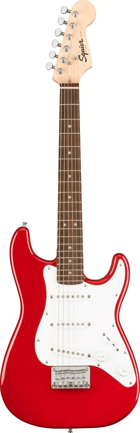 Fender Squier 3/4-Size Kids Mini Strat Electric Guitar - Dakota Red Bundle with Amplifier, Instrument Cable, Tuner, Strap, Picks, Fender Play Online Lessons, and Austin Bazaar Instructional DVD