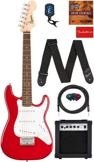 Fender Squier 3/4-Size Kids Mini Strat Electric Guitar - Dakota Red Bundle with Amplifier, Instrument Cable, Tuner, Strap, Picks, Fender Play Online Lessons, and Austin Bazaar Instructional DVD