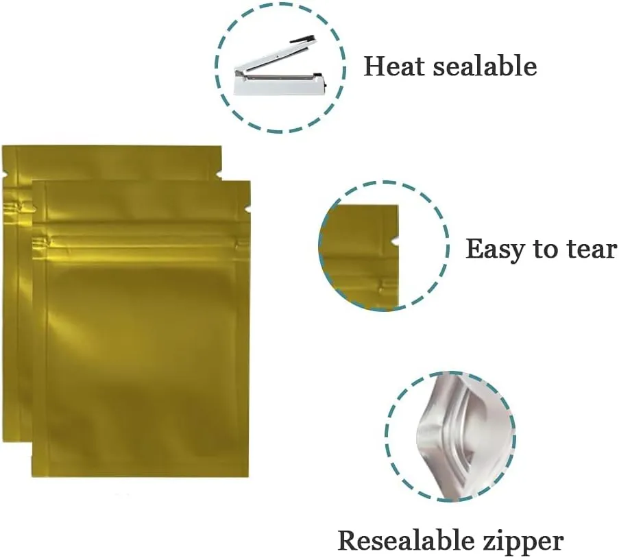 FERENLI 100 Pcs Mylar Bag Zipper Lock Food Storage Metallic Foil Airtight Bag with Front Window Plastic Candy Packaging Pouch for Zip Flat Heat Seal Lock Resealable Matte Gold (8.5x13cm (3.3x5.1 inch)