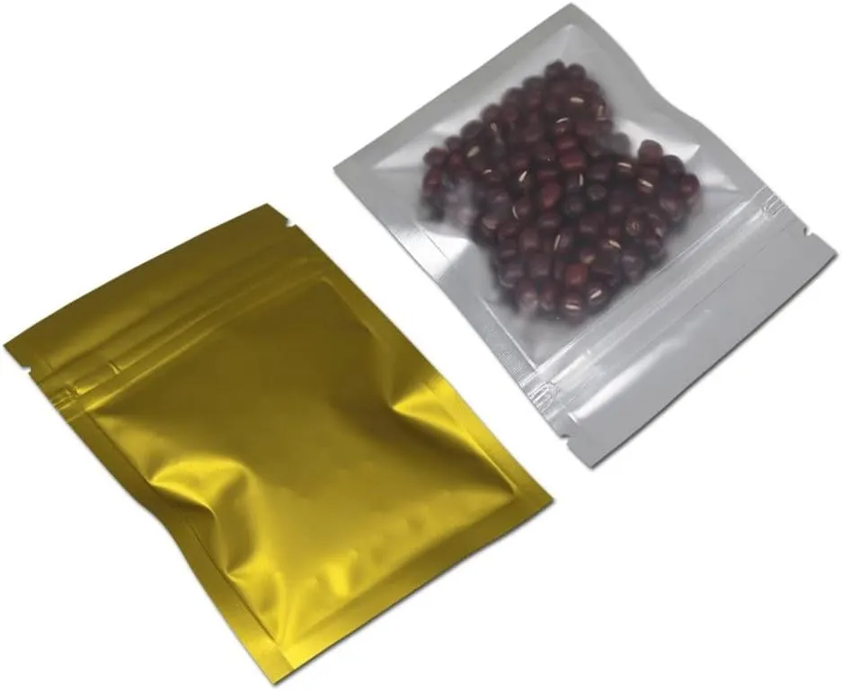 FERENLI 100 Pcs Mylar Bag Zipper Lock Food Storage Metallic Foil Airtight Bag with Front Window Plastic Candy Packaging Pouch for Zip Flat Heat Seal Lock Resealable Matte Gold (8.5x13cm (3.3x5.1 inch)