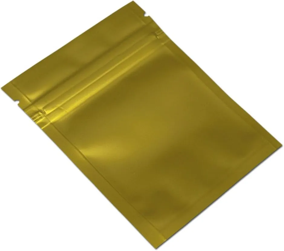 FERENLI 100 Pcs Mylar Bag Zipper Lock Food Storage Metallic Foil Airtight Bag with Front Window Plastic Candy Packaging Pouch for Zip Flat Heat Seal Lock Resealable Matte Gold (8.5x13cm (3.3x5.1 inch)