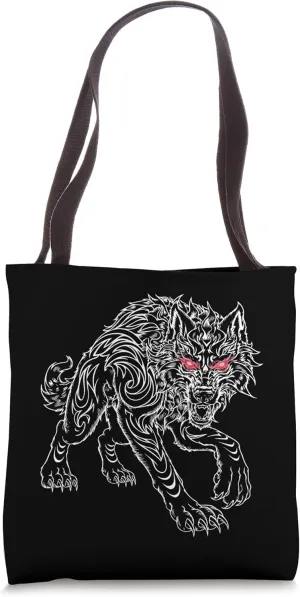 Fierce Tribal Wolf with Red Eyes Fantasy Gothic Artwork Tote Bag
