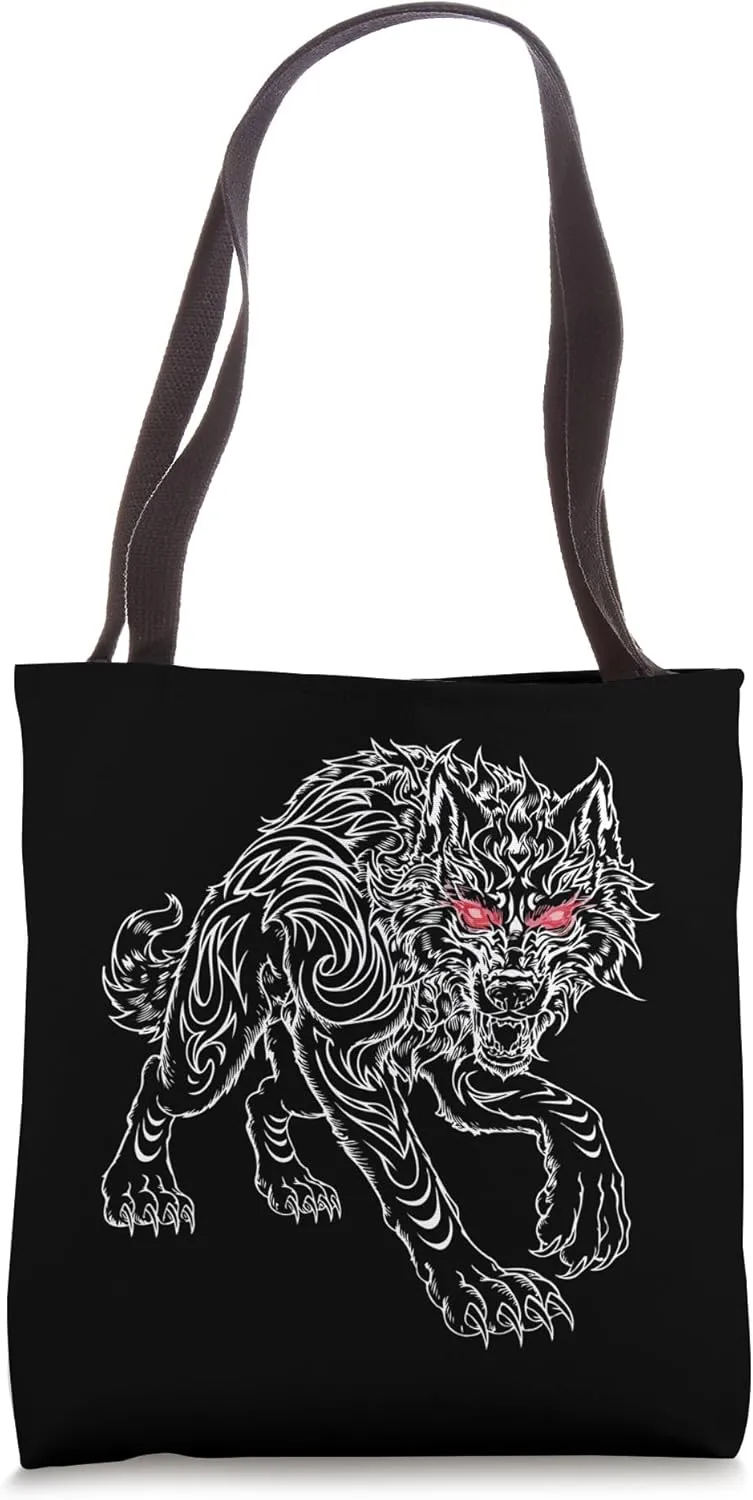 Fierce Tribal Wolf with Red Eyes Fantasy Gothic Artwork Tote Bag