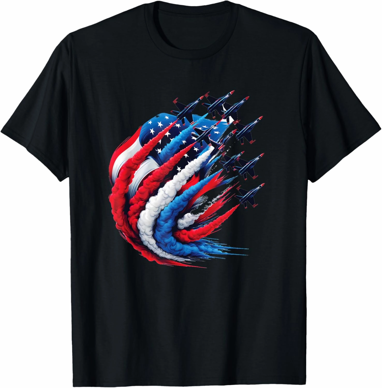 Fighter Jets Patriotic Red White Blue Smoke USA Flag T-Shirt