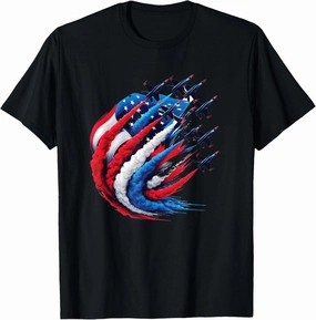 Fighter Jets Patriotic Red White Blue Smoke USA Flag T-Shirt