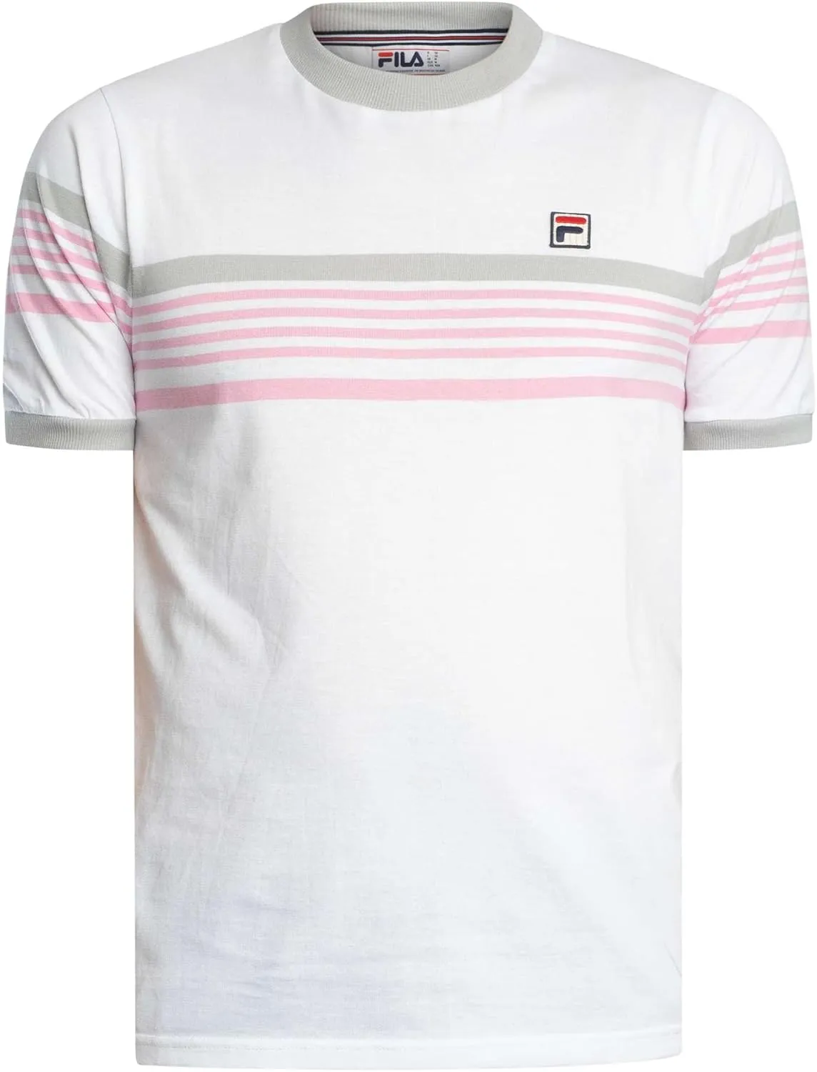 FILA Mens James Yarn Dyed Stripe T-Shirt, White/High Rise/Prism Pink