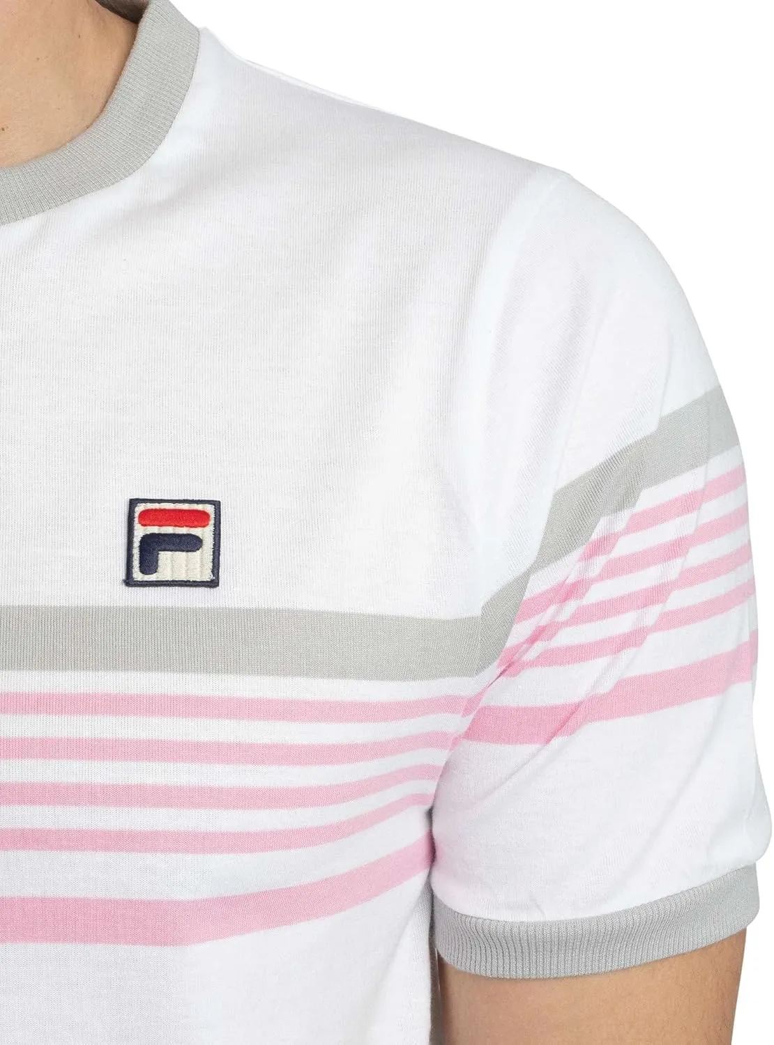 FILA Mens James Yarn Dyed Stripe T-Shirt, White/High Rise/Prism Pink