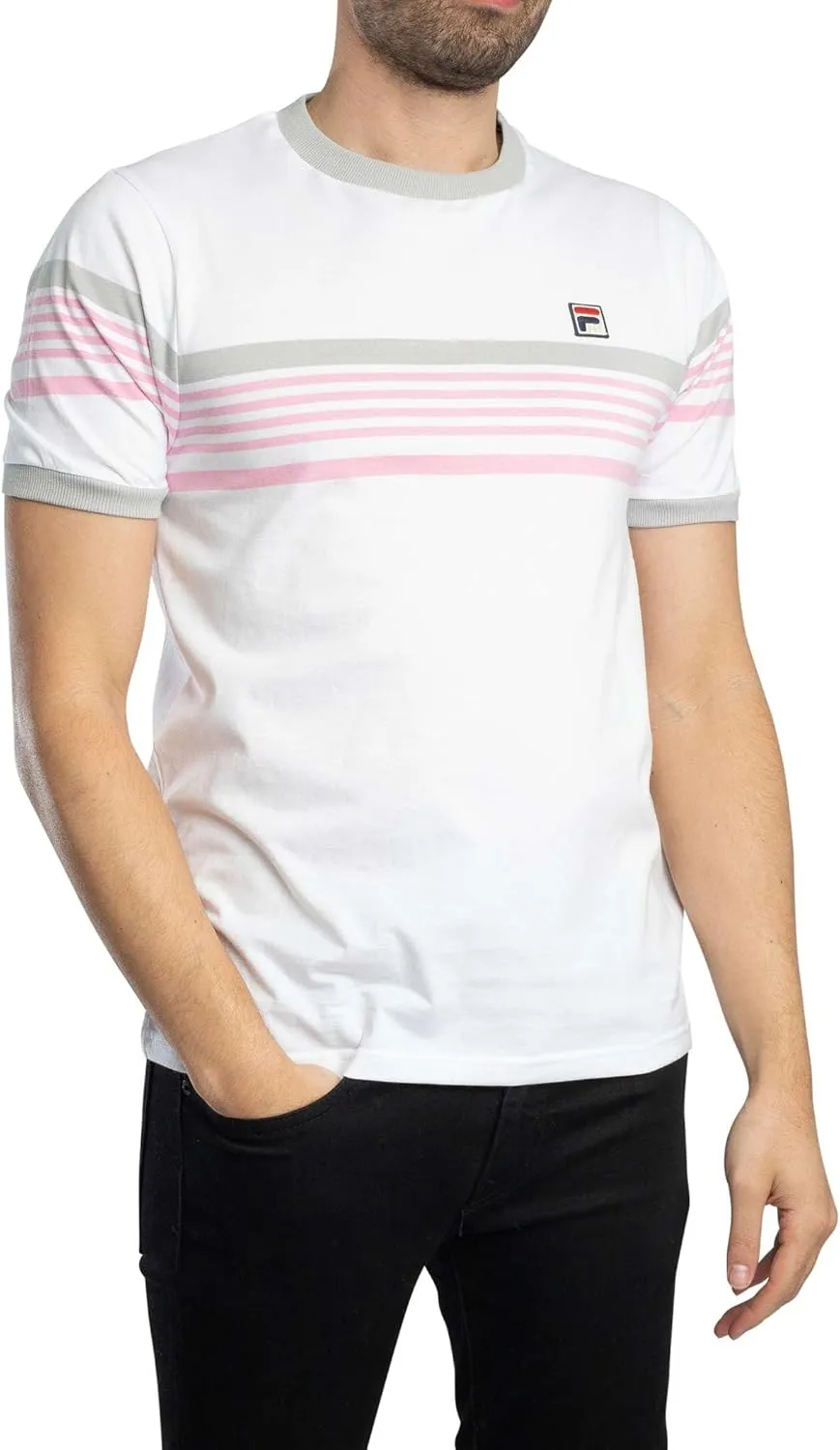 FILA Mens James Yarn Dyed Stripe T-Shirt, White/High Rise/Prism Pink